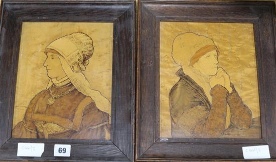 A pair of mahogany inlaid portrait panels, signed James F.P. Camm 1936